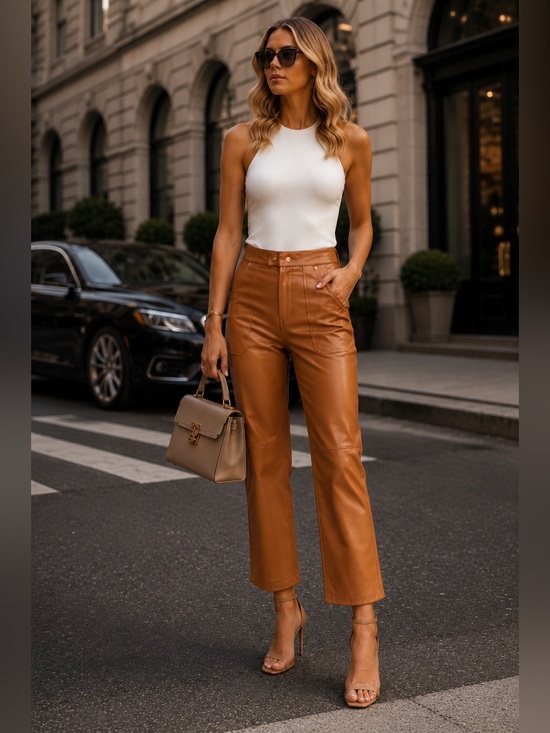 Blank NYC Pants - Blank NYC Vegan Leather Pants Tan High Rise Cropped Straight Leg Chic Luxe Pants